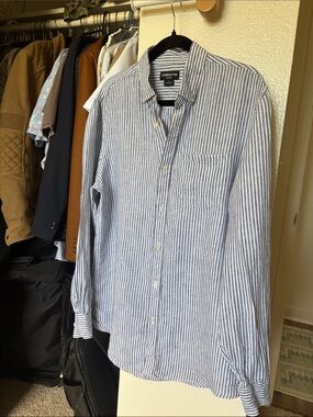 Claiborne Men's Blue and White Striped Button-Down Shirt